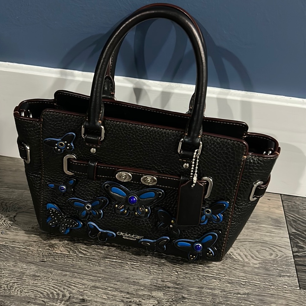 Mini Coach bag, black bag with blue butterflies on the front - Picture 1 of 4